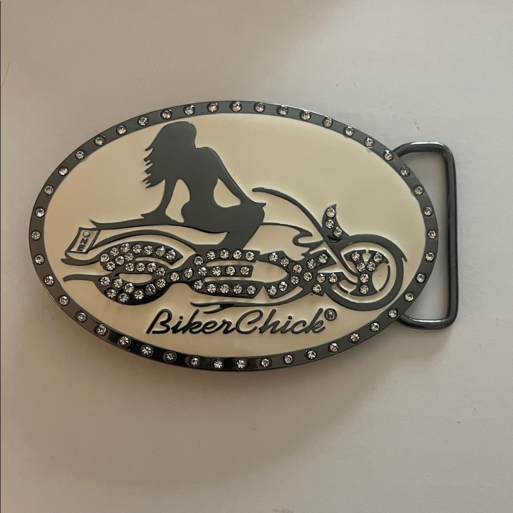 BikerChick Rhinestone Motorcycle Belt Buckle - Cream & Silver with Rhinestones